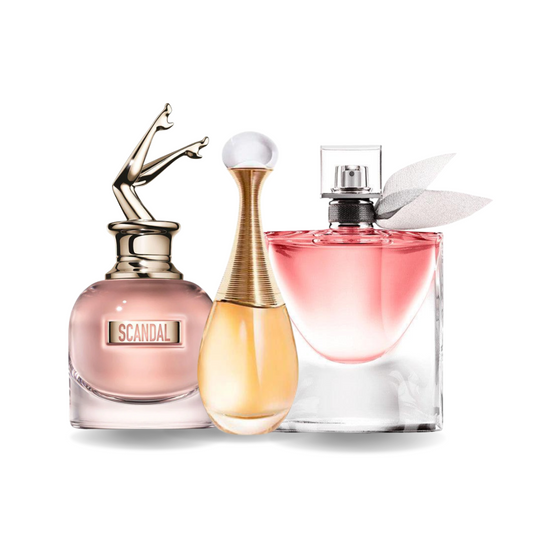 BLACK FRIDAY Combo de 3 Perfumes: Jean Paul Gaultier SCANDAL, Dior J'ADORE y Lancôme LA VIE EST BELLE - 100ml